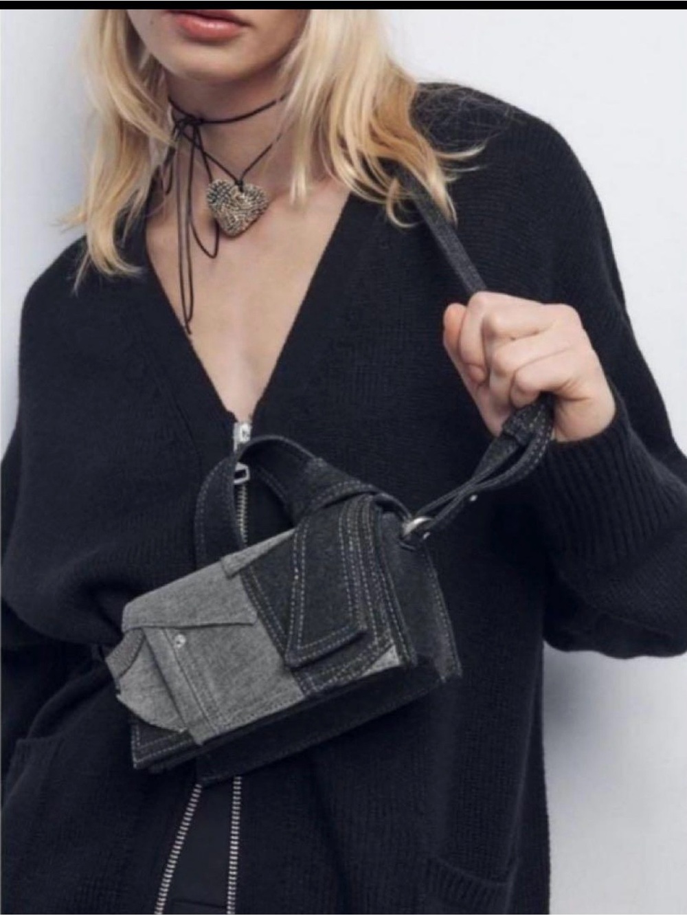 Zara Patchwork Denim Mini City Bag Crossbody Purse Black Gray